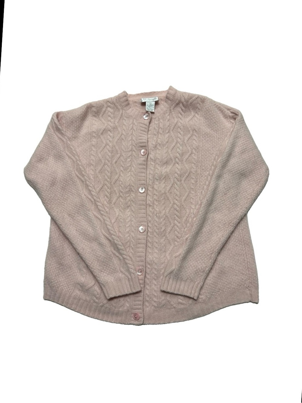 Vintage 90s Nordstrom Town Square Angora Lambswool Cable knit Cardigan L Pink